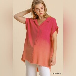 Umgee Bleach Dip Dye Collared Button Down Shirt with Short Folded Sleeve